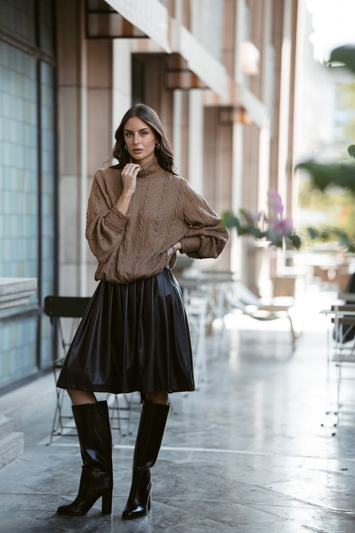 Caramel Sweater & Dark Chocolate Leather Skirt 🖤