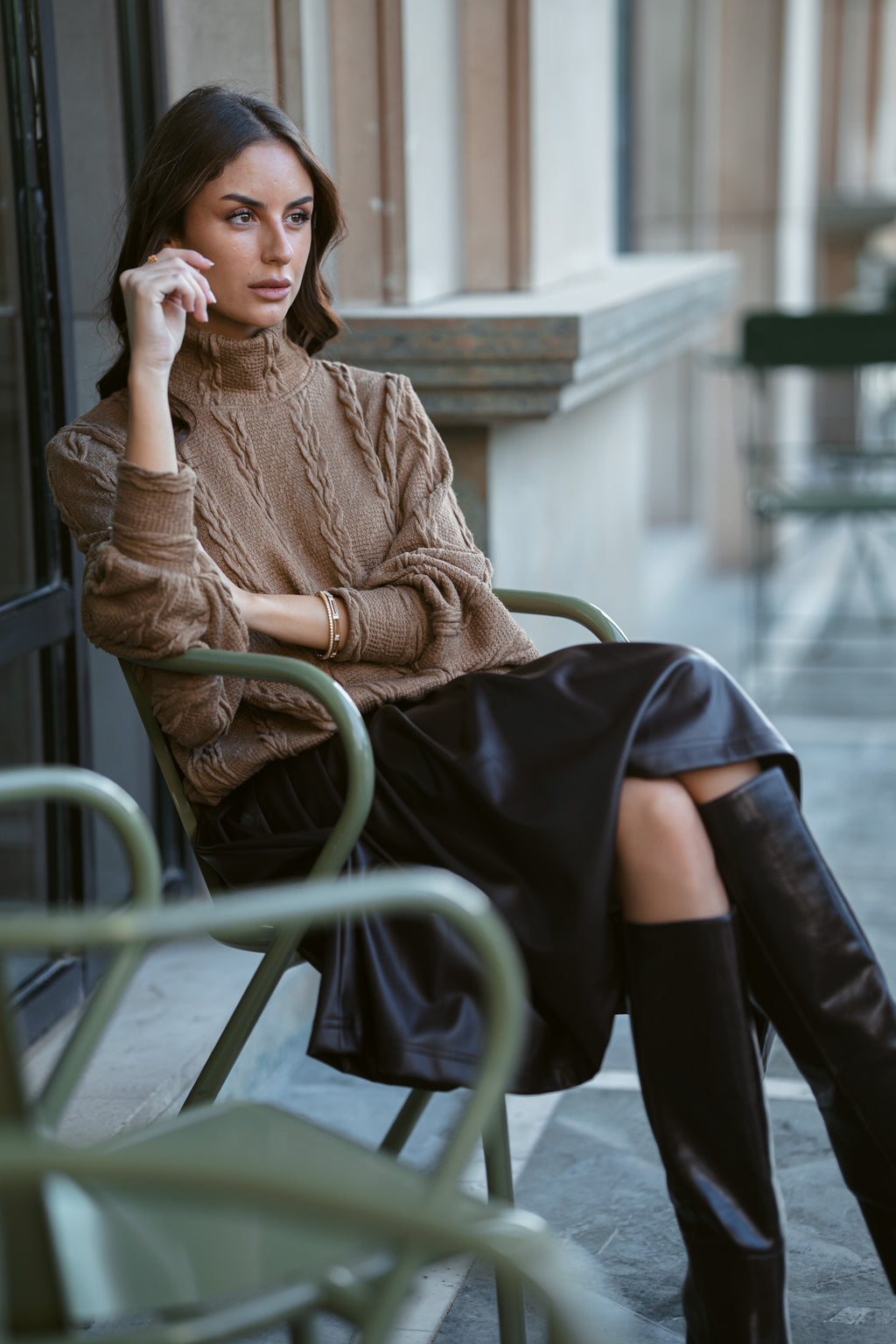 Caramel Sweater & Dark Chocolate Leather Skirt 🖤