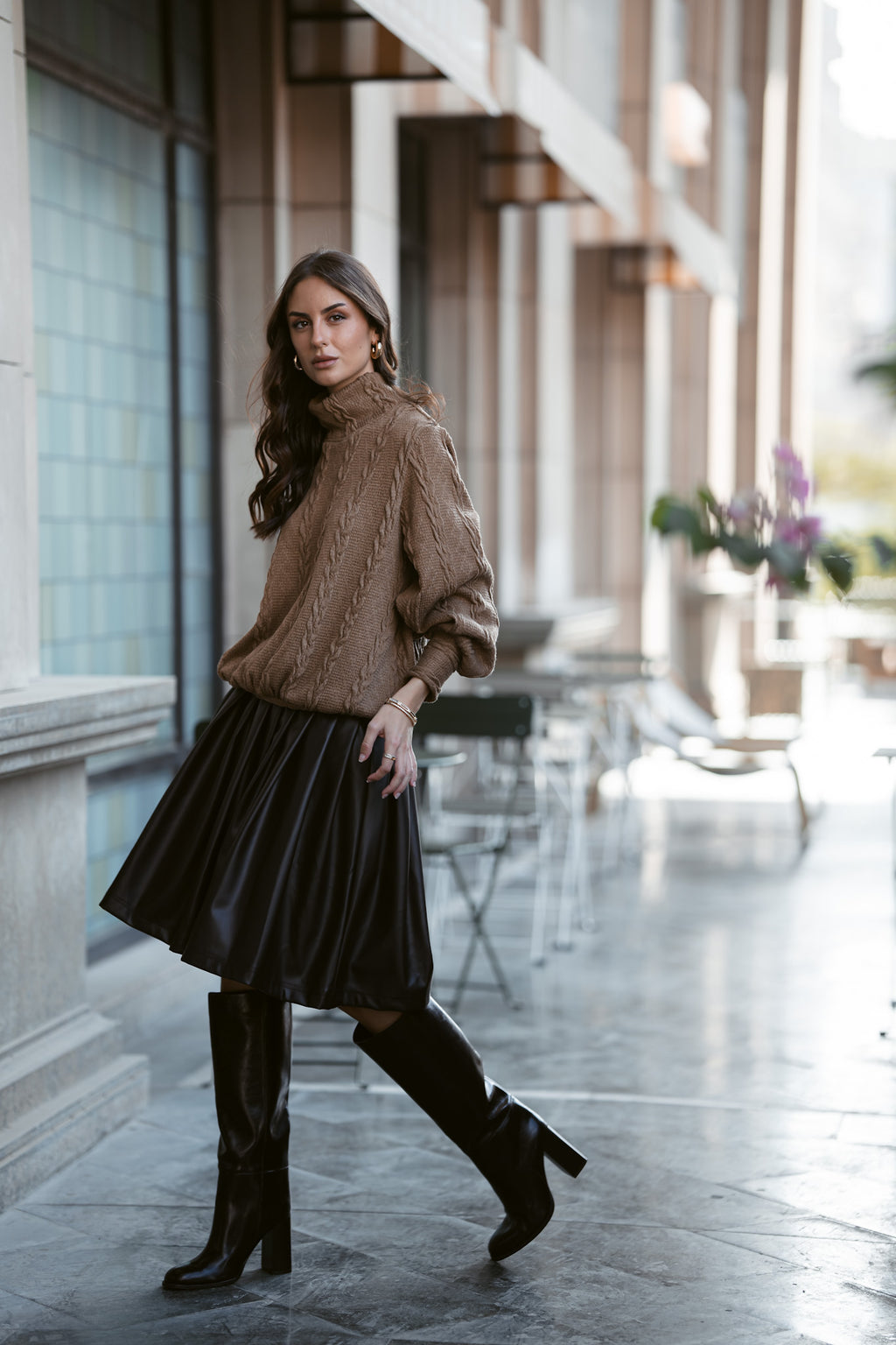 Caramel Sweater & Dark Chocolate Leather Skirt 🖤