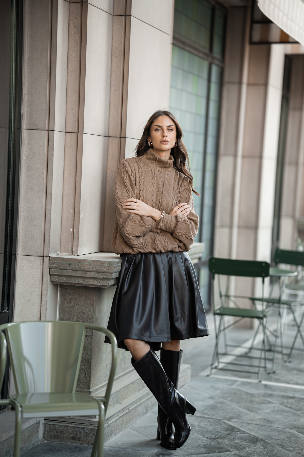 Caramel Sweater & Dark Chocolate Leather Skirt 🖤